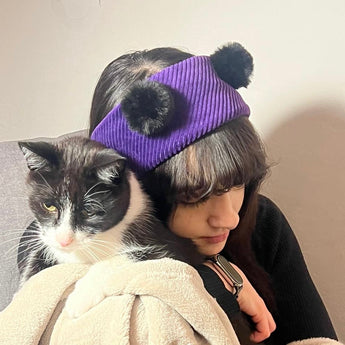 Corduroy Earmuffs with Faux Fur Poms