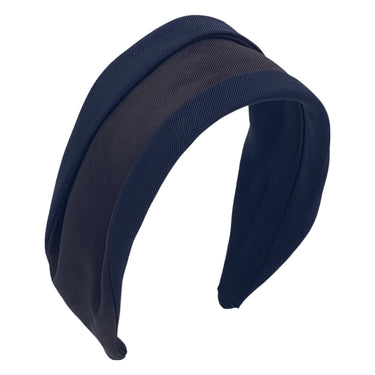 navy and brown two-toned wide brim headband with contrasting fabric patterns