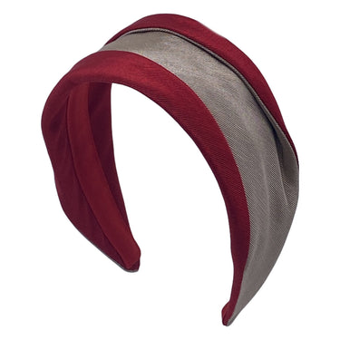 red and gold two-toned wide brim headband with contrasting fabric patterns