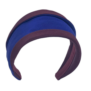 blue and brown two-toned wide brim headband with contrasting fabric patterns