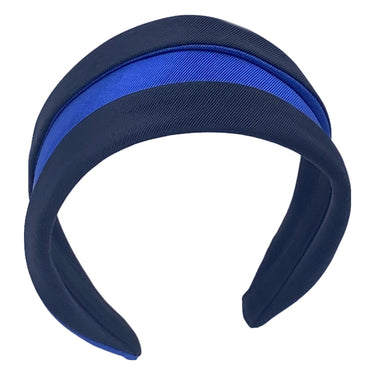 navy and brown two-toned wide brim headband with contrasting fabric patterns
