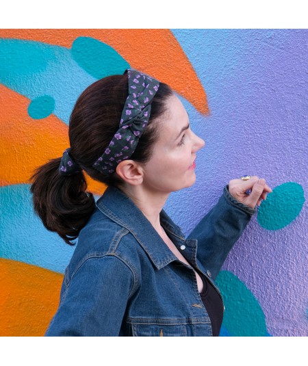 Violets on Black Hair Tie with matching headband CP68