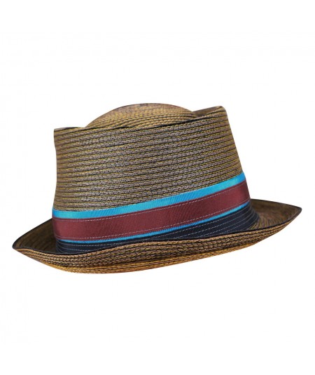 Color Stitch Pork Pie Hat with a vintage stripe ribbon trim