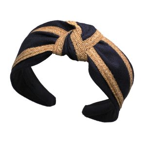 Wheat Straw & Navy Linen Turban Headband CT6