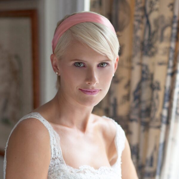 2" Wide Satin Headband worn by a Bride with short blonde hair.