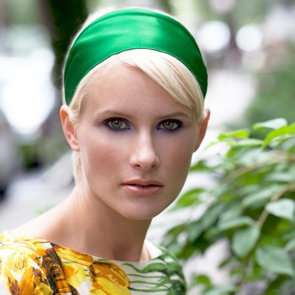 Extra Wide Satin Headband in Emerald Green Worn by a Model with Short Blonde Hair ST1X